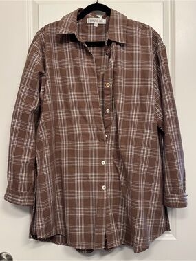Amazing Lace brown plaid button-up dress, built in shorts, size L